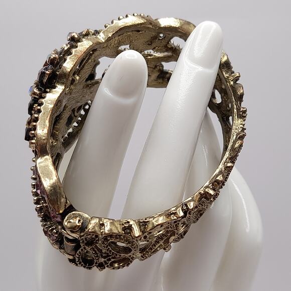 Purple Pink Rhinestone Hinged Bracelet, Victorian Style, 6 1/2 Inches - Picture 5 of 14